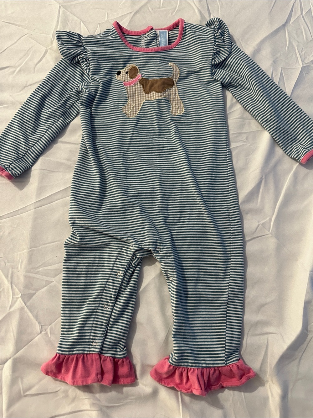 Blue & White Striped Baby one piece with Pink Trim and Puppy Applique